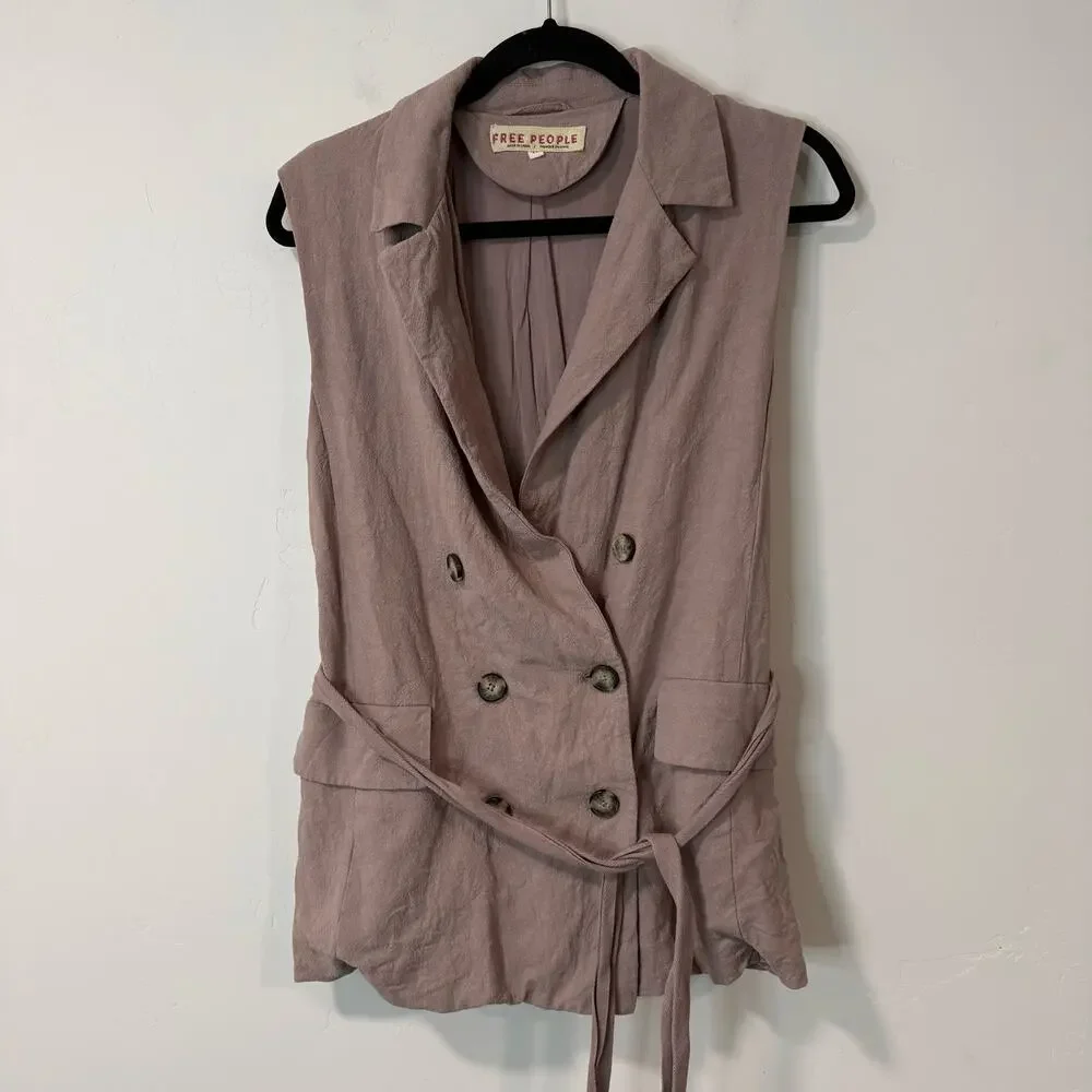 Free People Olivia Vest Double Breasted Sleeveless Business Brown XS Linen Blend